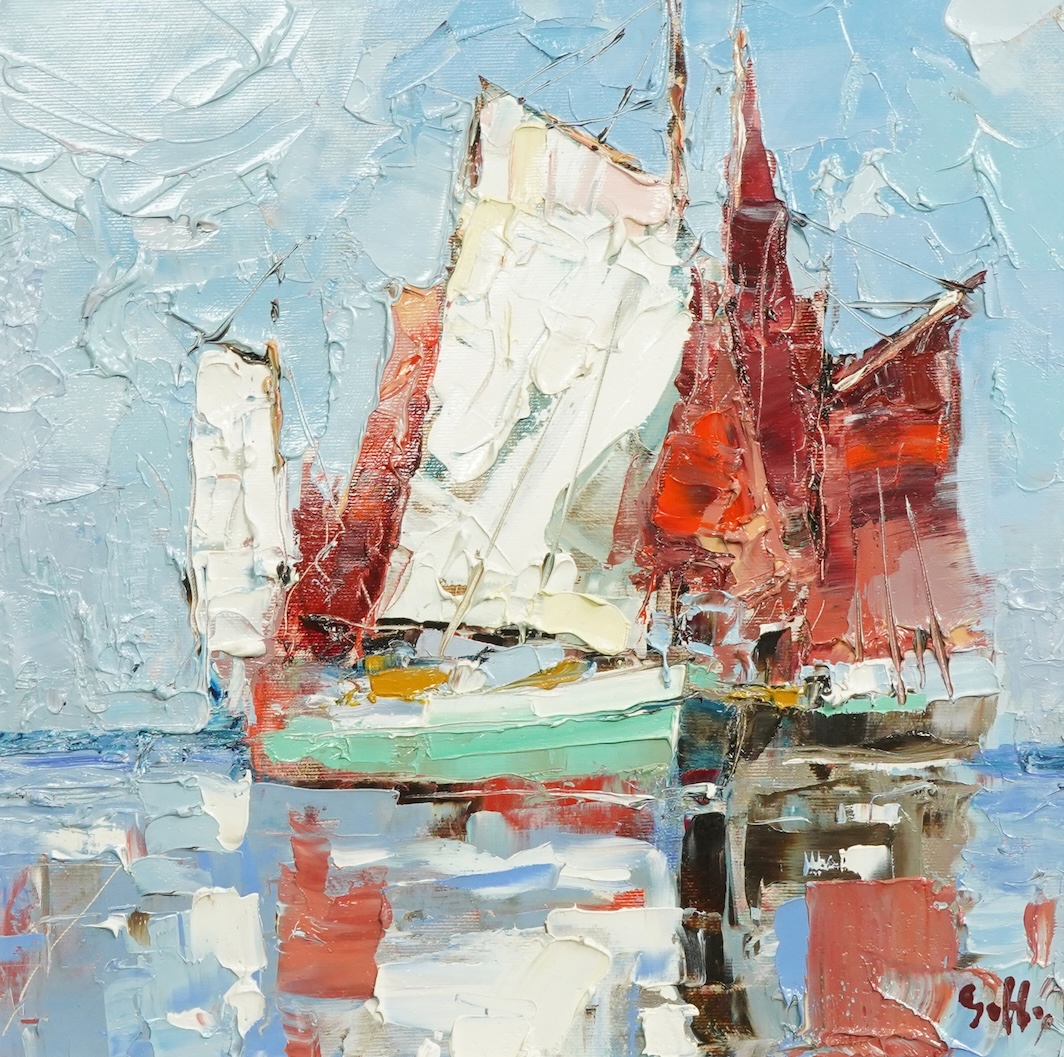 Frank Getty (German, b.1967), Moored fishing boats, oil on canvas, 40 x 40cm